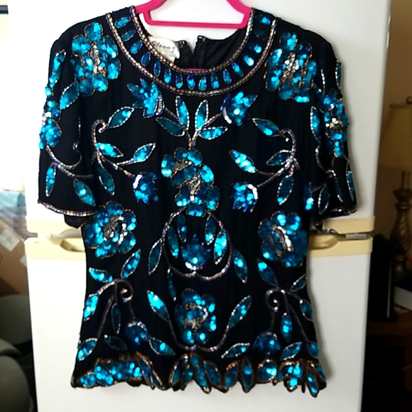 Vintage Sequin Black Silk top Blue flowers  80's 90s Stenay disco date night - Picture 4 of 7